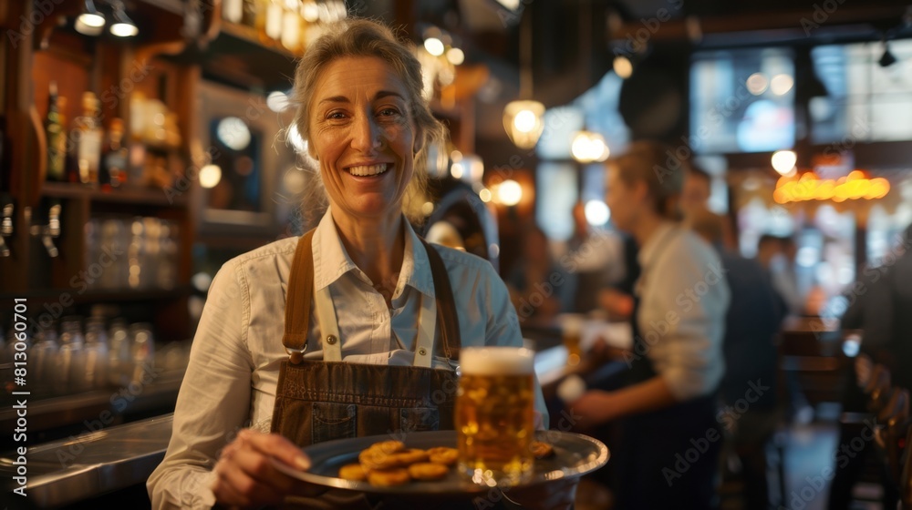 Smiling Waitress Serving Beer