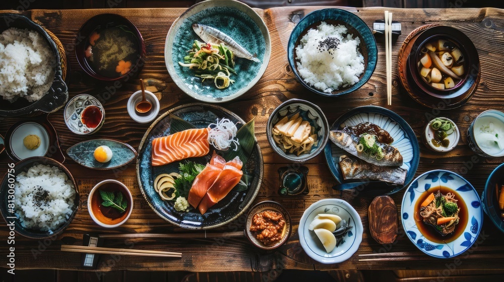 Japanese Breakfast Show a traditional Japanese breakfast spread