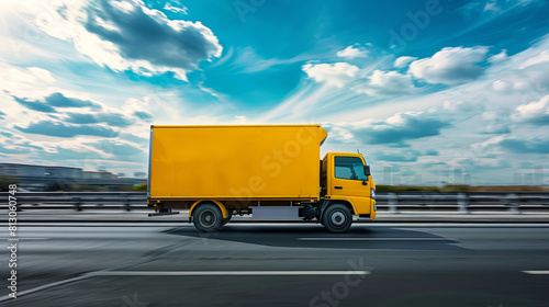 Side view of a yellow truck on a highway, from the side, in a side profile, from the side, 