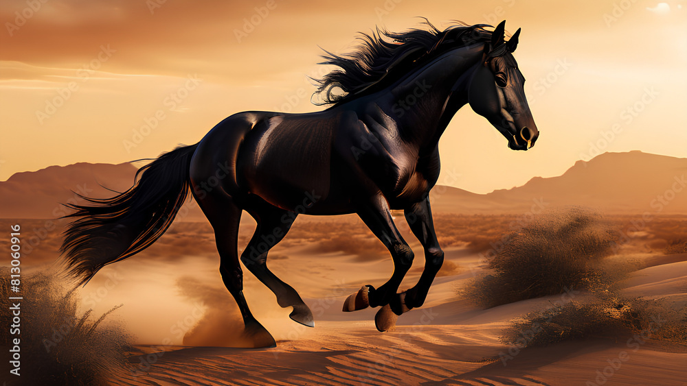Freedom in Motion - Wild Black Stallion Galloping Across the Desert Freedom in Motion - Wild Black Stallion Galloping Across the Desert
