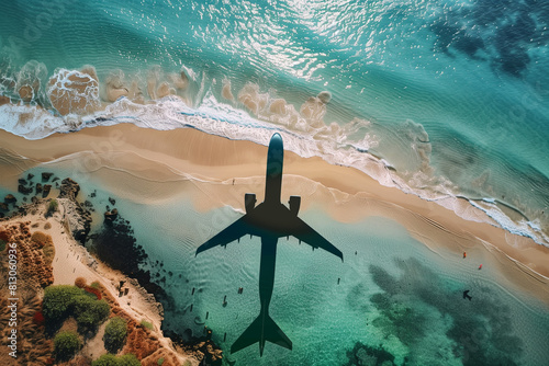travel concept ,airplane,View ,good landscape with airplane shadow and beach photo