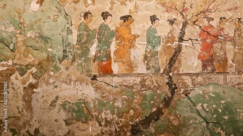 A fresco from the Northern Wei Dynasty depicting women picking mulberries.