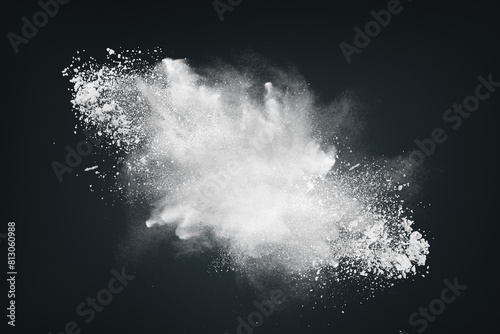 Abstract dynamic cloud of white dust particles dispersing against black smoke background in explosion. Design element creative collage.