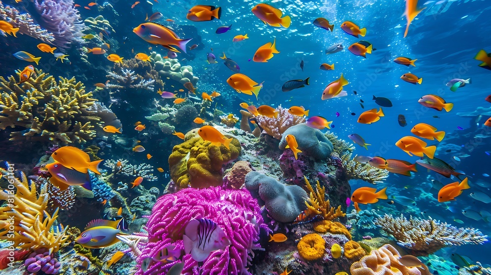 A colorful array of tropical fish swimming among vibrant coral formations in a pristine reef environment.