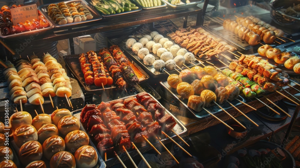 Street Food Skewers, buns, and rolls from Chinese street vendors