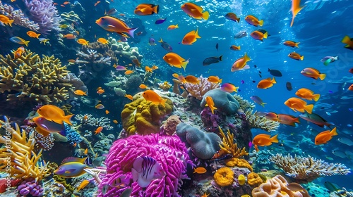A colorful array of tropical fish swimming among vibrant coral formations in a pristine reef environment. © Ansar