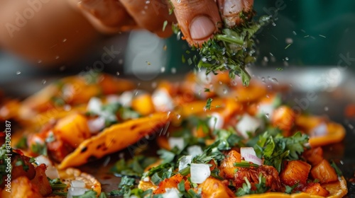 A hand sprinkling cilantro over a plate of Mexican food. photo