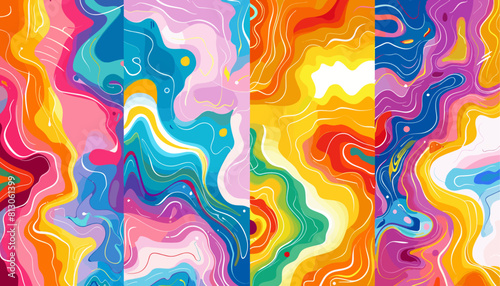 Psychedelic tie dye illustration with colorful LSD trippy shapes in abstract retro art style, 60s hippie trendy concept poster background design. Psychedelic art, trippy patterns, tie dye design.