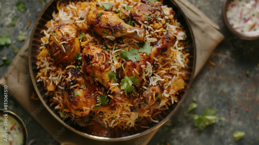 dindigul chicken biryani, food photography, 16:9 dindigul chicken biryani, food photography, 16:9