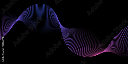 Abstract background with waves for banner. Medium banner size. Vector background with lines. Element for design isolated on black. Colorful gradient. Blue, purple, pink