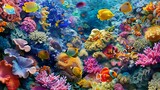 A colorful array of tropical fish swimming among vibrant coral formations in a pristine reef environment.