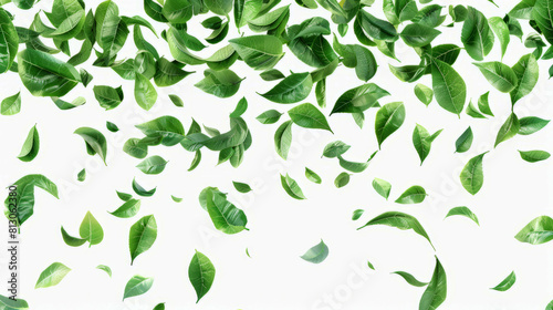 Falling green leaves isolated on white background  