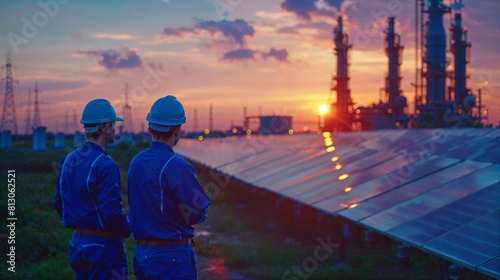 Wallpaper Mural Two engineers are engaged in conversation in the evening, against the backdrop of a solar cell farm Torontodigital.ca