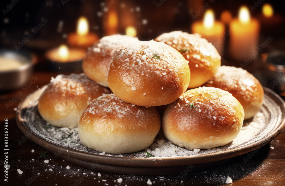 Freshly baked sweet buns for dinner on a plate Freshly baked sweet buns for dinner on a plate