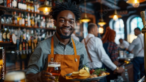 Smiling Waiter Serving Beer and Meals