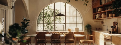 Dining room interior with arcs. 