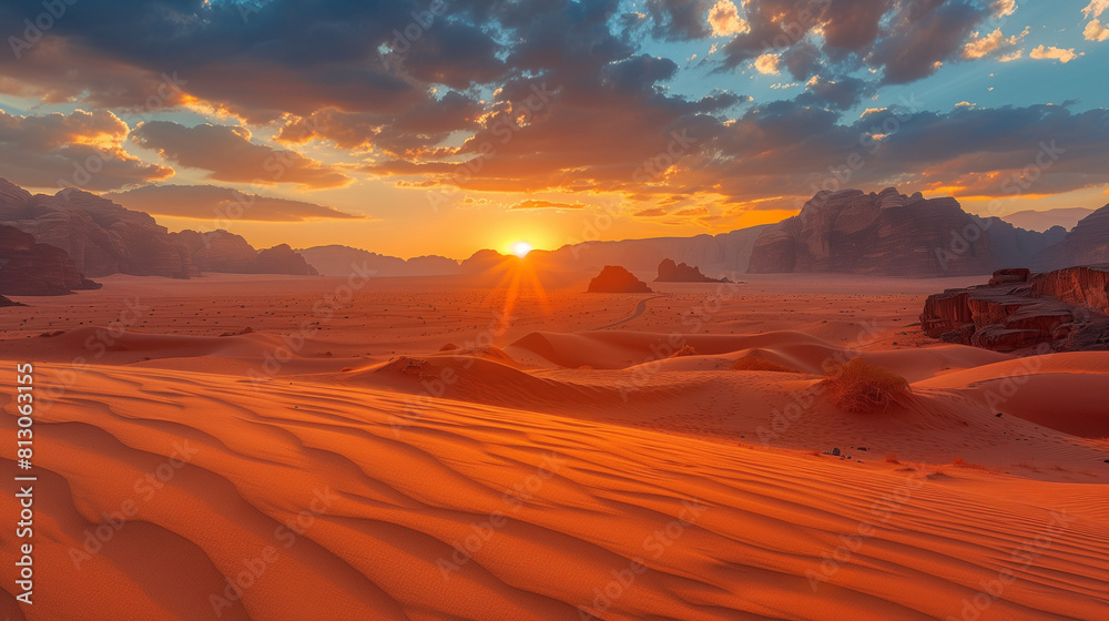 Naklejka premium sunset between mountains in the desert 