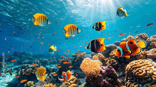 A colorful school of tropical fish swimming among coral reefs in a clear blue ocean. © Ansar
