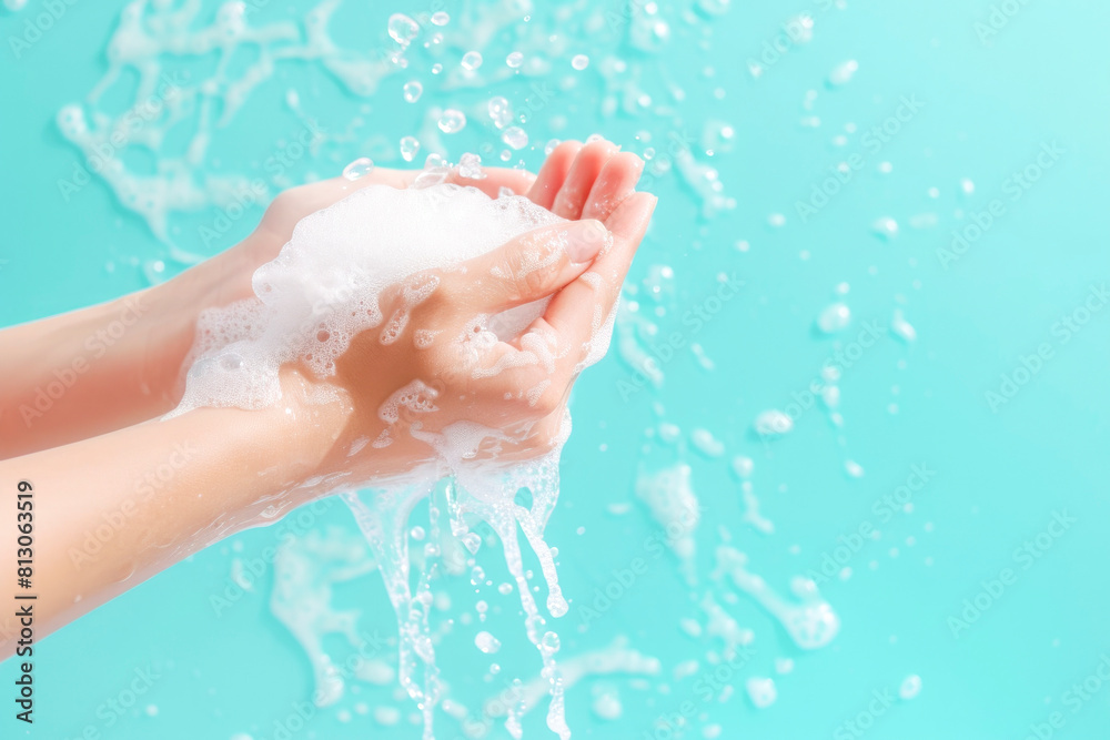 Woman washing hands with soap on blue background Woman washing hands with soap on blue background