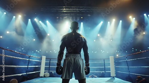 Cinematic, low angle view, wide shot in a boxring in an arena. In the center a full body view of boxer is standing in the ring. In the style of 35mm film. Shot on Arri Alexa. photo