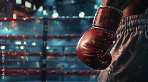 Close shot of A boxer's fist back standing in front of him looking at the boxing ring, paint art, real color of building with letter, detailed illustration, octane render, 8k,