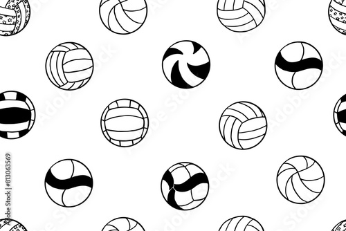 Seamless pattern of hand drawn doodle volleyball. Sports equipment. Game, play, team. Collection of design elements. Great for banners, sites, posters. Vector illustration EPS10