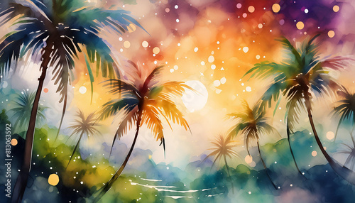 Watercolor painting of beautiful palm trees. Tropical nature. Vacation or relaxation holiday concept