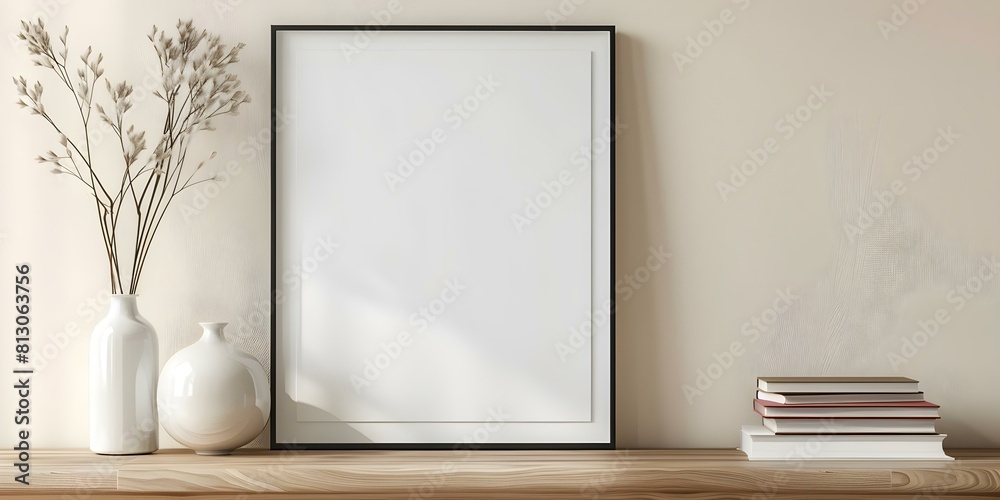 Minimalistic mockup with frame vase books on wooden table against beige wall. Concept Minimalistic Decor, Mockup Design, Wooden Table Setting, Beige Wall Background, Home Interior Minimalistic mockup with frame vase books on wooden table against beige wall. Concept Minimalistic Decor, Mockup Design, Wooden Table Setting, Beige Wall Background, Home Interior