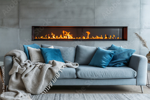 暖炉が埋め込まれたRC壁を背景に、グレーのソファセットが配置されたモダンなリビングルームのインテリア。壁とソファーのグレーを基調にブルーのクッションがポイント。北欧風インテリア photo