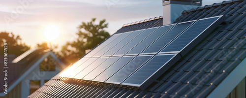 A detail of the solar elektric pannels on the roof at house, Modern and low energy concept of the houses.