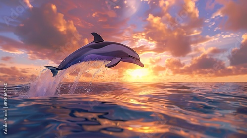 A graceful dolphin leaping out of the ocean waters against a backdrop of a vibrant sunset sky. © Ansar