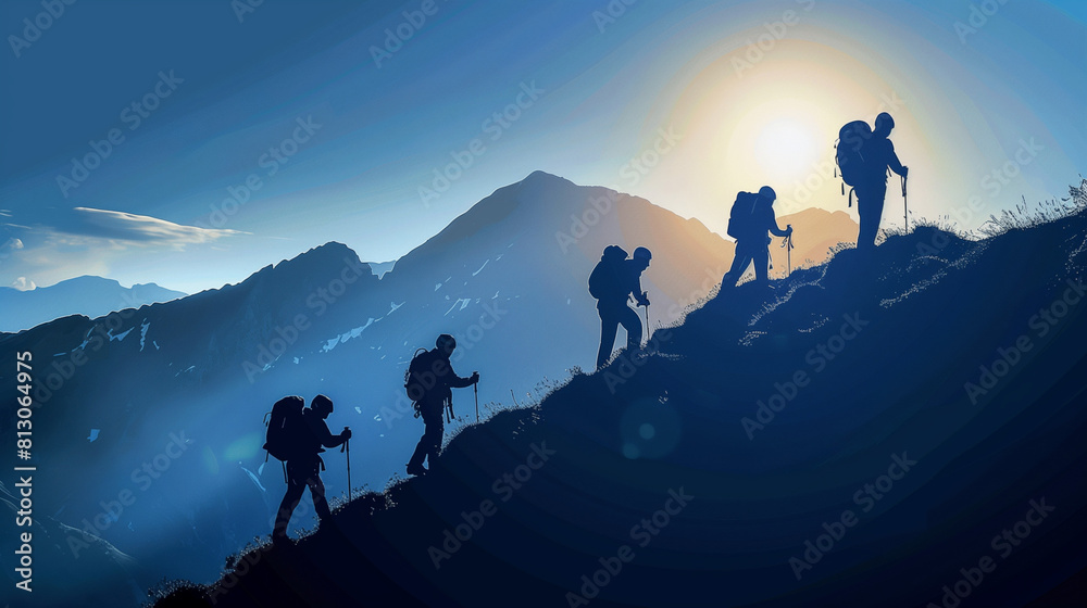 Hikers Climbing Mountain Silhouettes