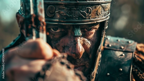 A Roman soldier, with his face bloodied, stares at you from the battlefield. photo