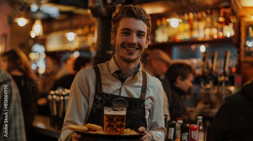 Smiling Bartender Serving Draft Beer photo