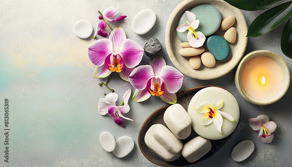 skin care spa set, decoration, candle and towels, oil bottle and green leaves and blossoms. Generative AI, skin care spa set, decoration, candle and towels, oil bottle and green leaves and blossoms. Generative AI,