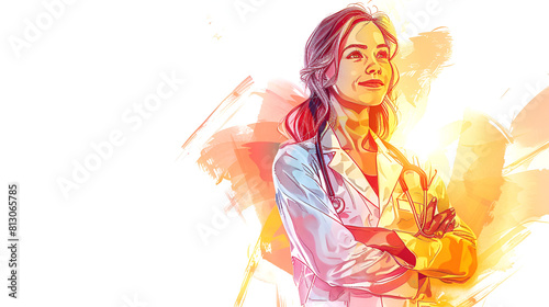 Portrait of Doctor with face mask, medical gloves crossed arms beautiful Female nurse character wearing white coat, stethoscope, protective PPE. Vector sketch line illustration 