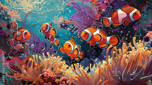 A group of colorful clownfish darting in and out of anemone tentacles for protection in a bustling coral reef ecosystem. © Ansar