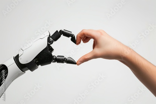 Robot hand making a heart love shape sign with human hand