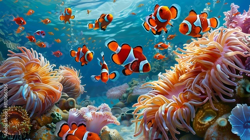 A group of colorful clownfish darting in and out of anemone tentacles for protection in a bustling coral reef ecosystem. © Ansar