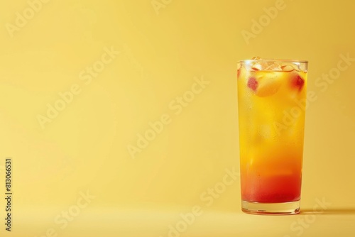 A glass of orange and pink drink with ice cubes in it with a copy space