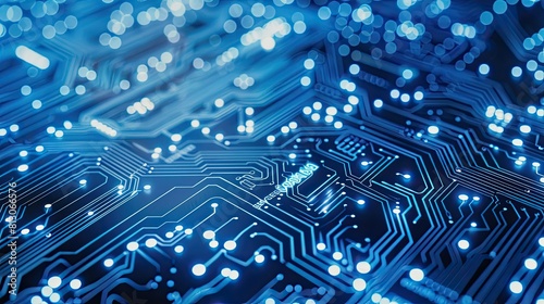 Quantum computer technologies concept. Futuristic blue circuit board background