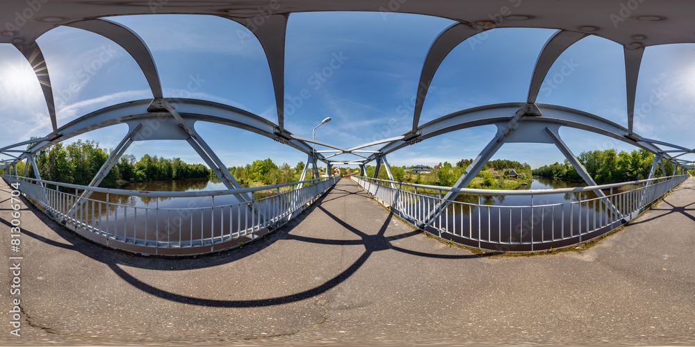 full seamless spherical 360 hdri panorama on iron steel frame construction of pedestrian bridge across the river in equirectangular projection, ready for VR virtual reality content