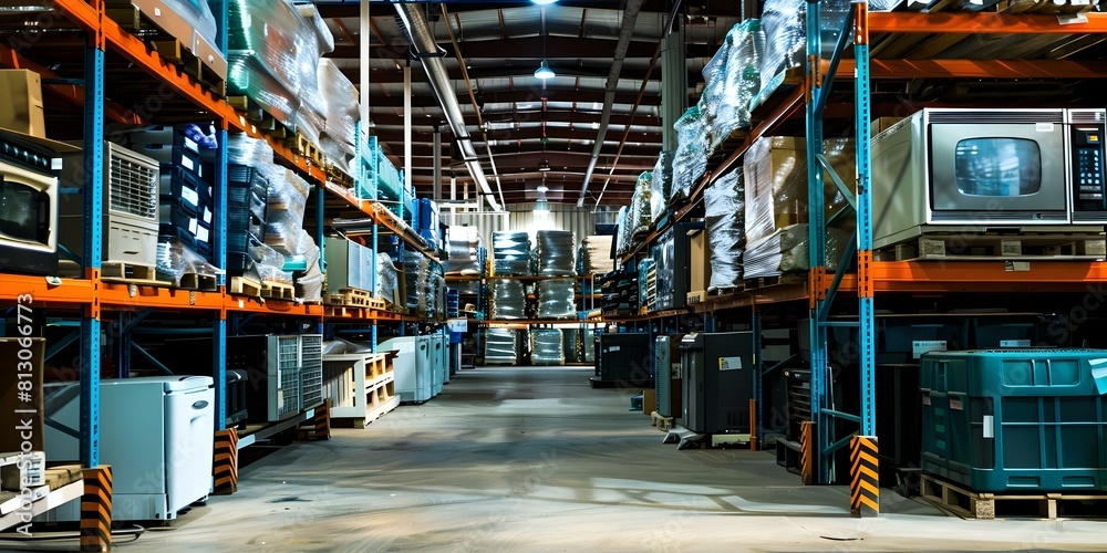 Storage of Furniture and Appliances in a Warehouse. Concept Warehouse Organization, Furniture Storage, Appliance Storage, Inventory Management, Space Optimization Storage of Furniture and Appliances in a Warehouse. Concept Warehouse Organization, Furniture Storage, Appliance Storage, Inventory Management, Space Optimization
