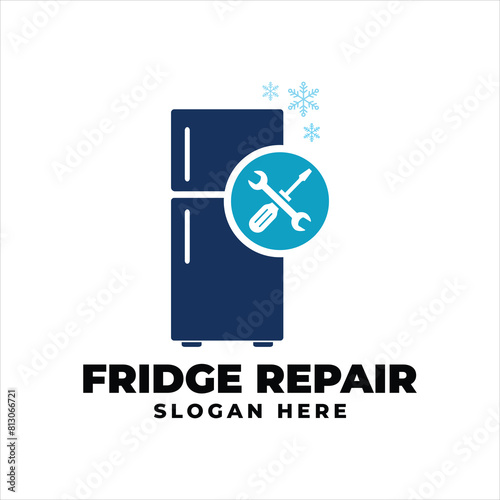 Modern Minimalist Home Appliance Refrigerator Store Logo with Wrench . Appliance Fix Logo Blue, Vector, Illustration, Background, Banner, Sign, Symbol.