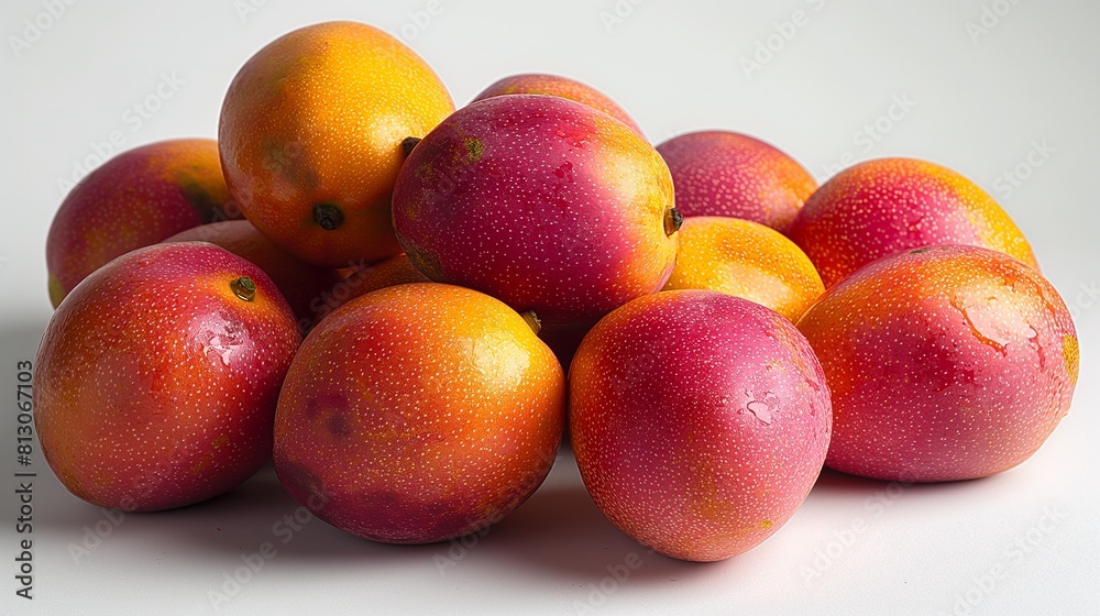 A playful composition of Chaunsa mangoes arranged in a pyramid shape, creating a striking contrast against a solid white background A playful composition of Chaunsa mangoes arranged in a pyramid shape, creating a striking contrast against a solid white background
