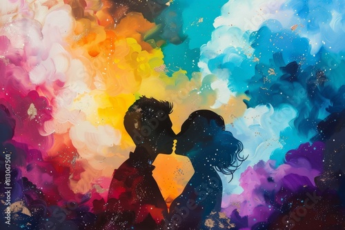 Artistic representation of a couple's silhouette against a vibrant, cosmicinspired backdrop photo