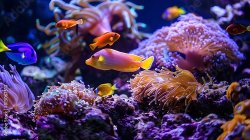 A group of colorful tropical fish swimming among vibrant coral formations in a bustling reef ecosystem.