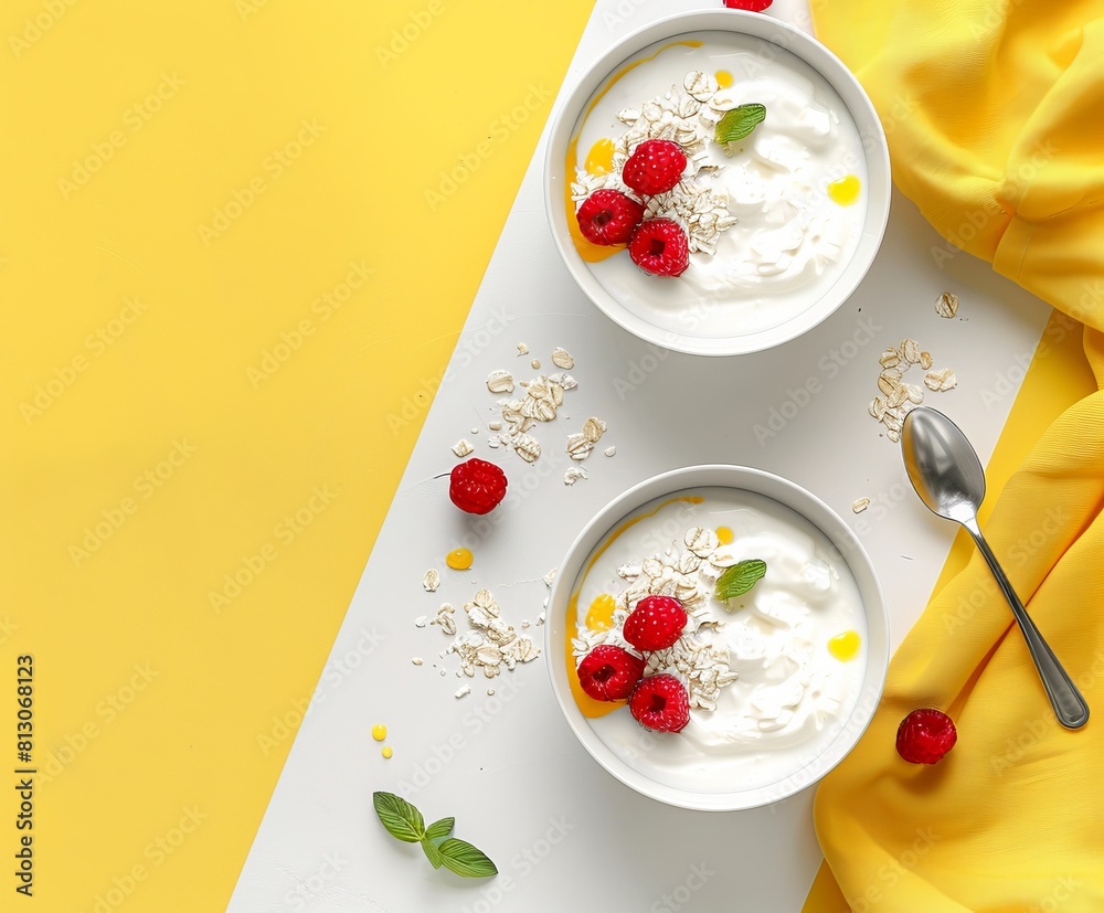 Yogurt with berries Plain white greek yogurt with fresh berries and granola. Healthy food, breakfast. Top view
Yogurt with berries Plain white greek yogurt with fresh berries and granola. Healthy food, breakfast. Top view