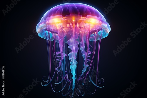 A jellyfish with neon colors is floating in the dark © Watercolorbackground