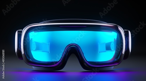 A pair of blue virtual reality goggles with a purple tint